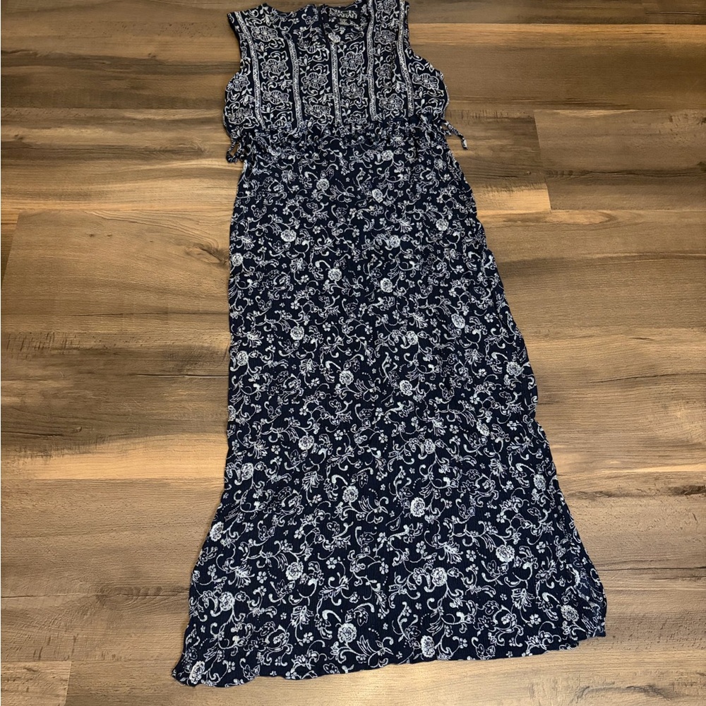 Womens Sleeveless Navy Blue Printed Maxi Dress with Drawstring Waist Size Small